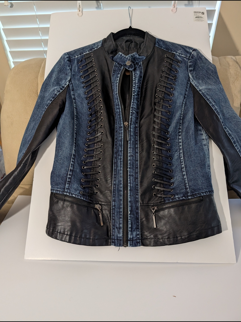 Women's Oxygen Black & Blue Mixed-Media Moto Jacket with Faux leather accents